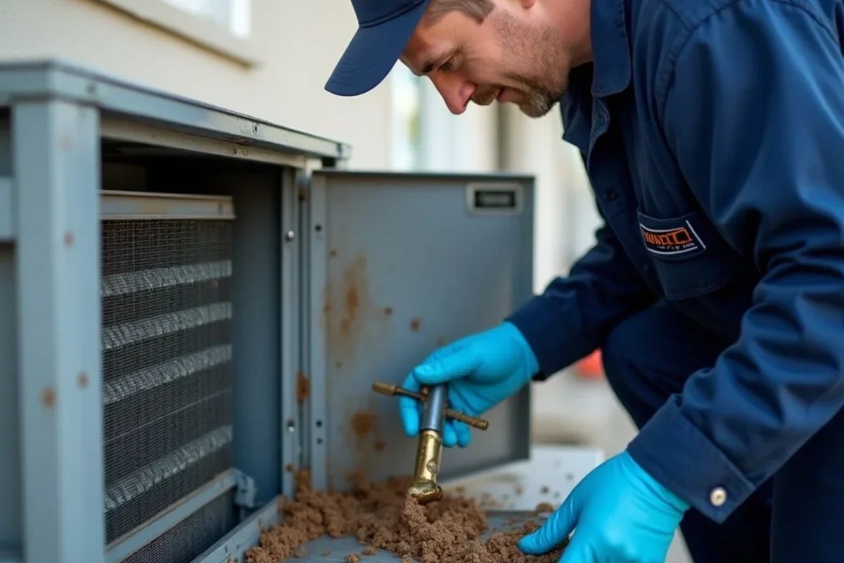 HVAC technician cleaning contaminated aluminum evaporator coil and condensate drip pan