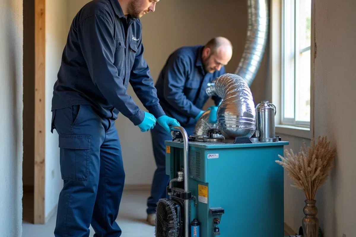 High suction HEPA negative air duct vacuum machine attached to main furnace plenum