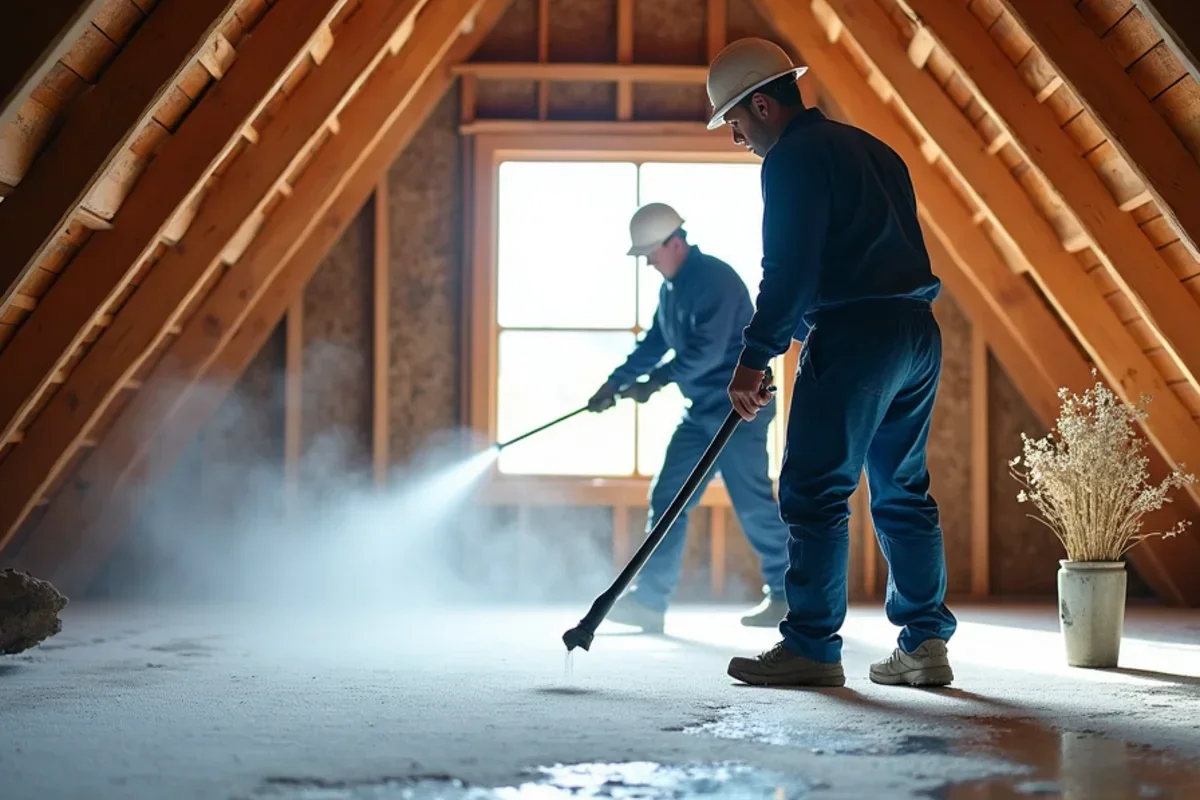 Specialized dry ice blasting wand cleaning dark fungal staining off attic roof rafters