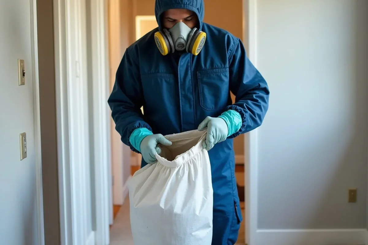 Remediation worker wearing PAPR respirator and Tyvek suit carefully bagging moldy drywall
