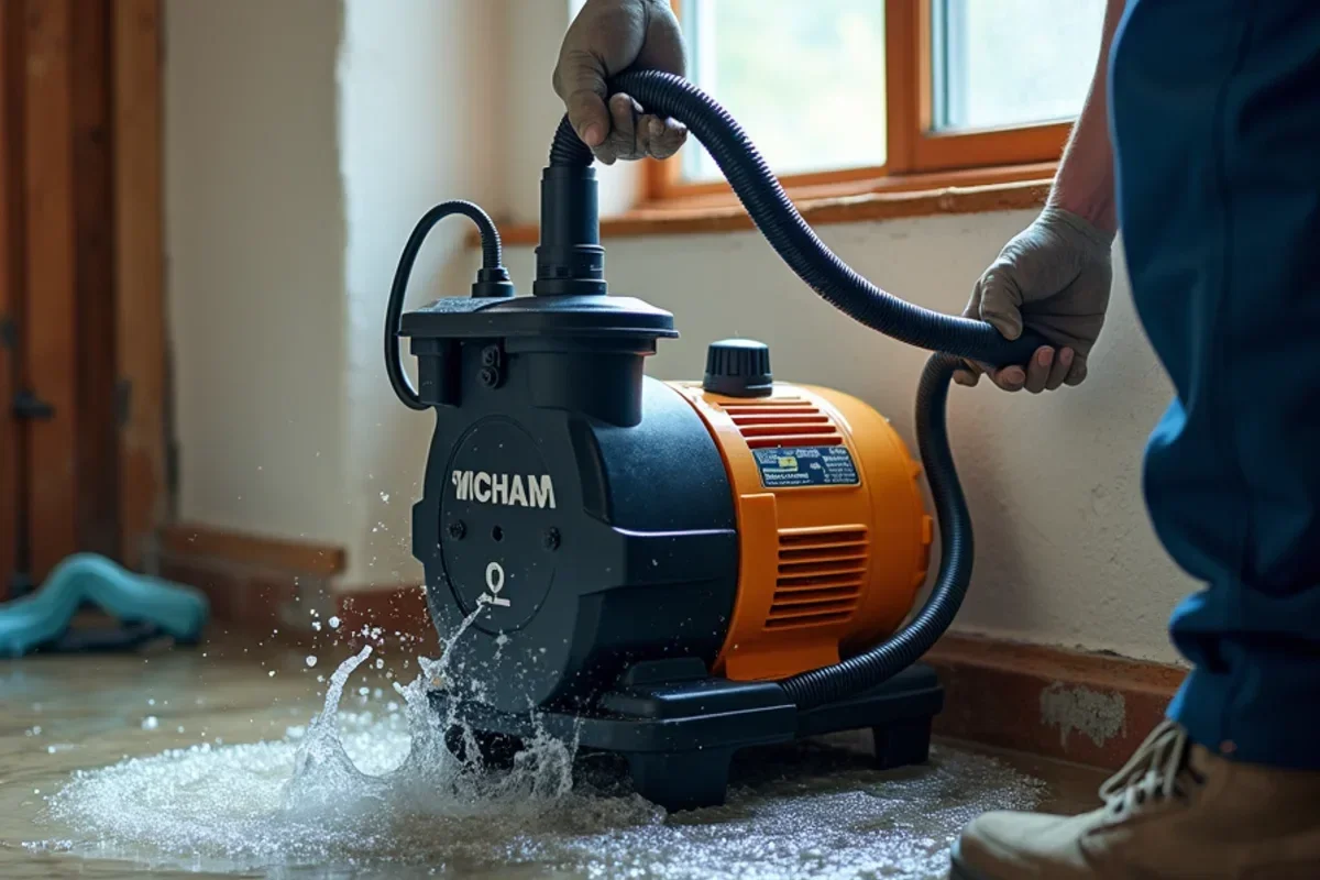 Heavy duty submersible trash pump discharging floodwater out of basement window