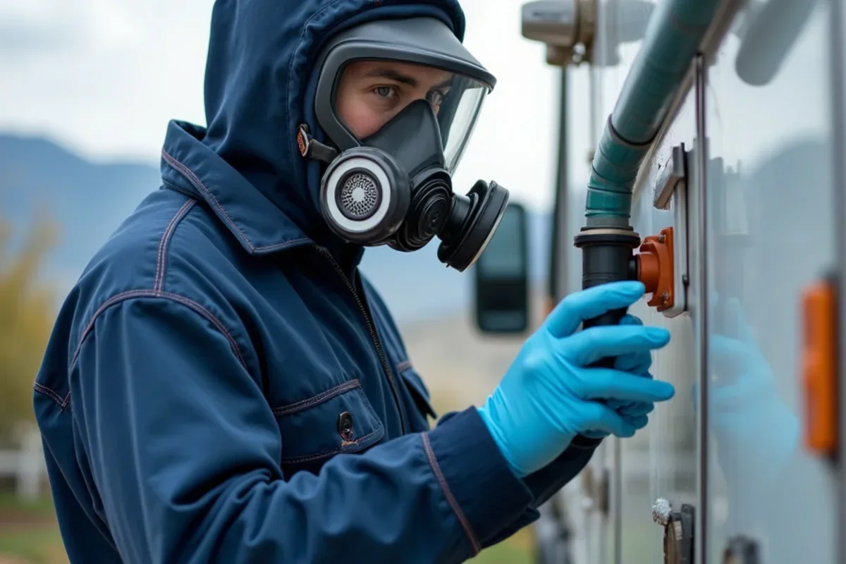Restoration technician wearing full respirator inspecting negative pressure containment barrier