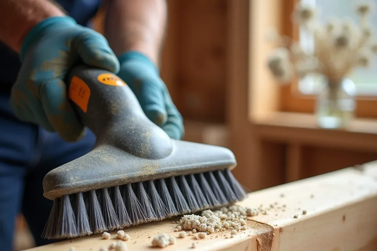 HEPA vacuum brush removing fungal hyphae from Douglas fir wall framing stud