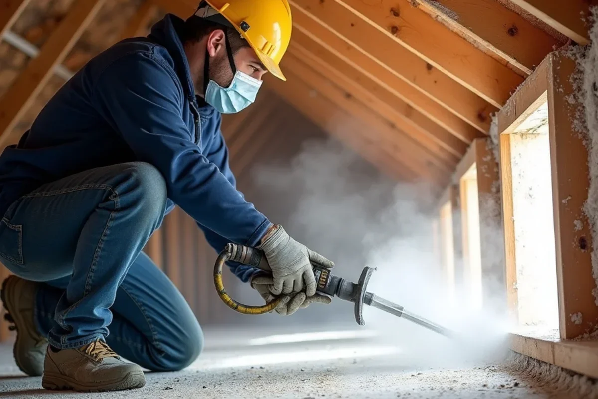 Technician abrasive blasting mold off attic roof sheathing