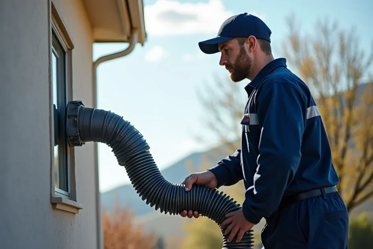 Commercial HEPA air scrubber ducting filtered exhaust air out of residential window