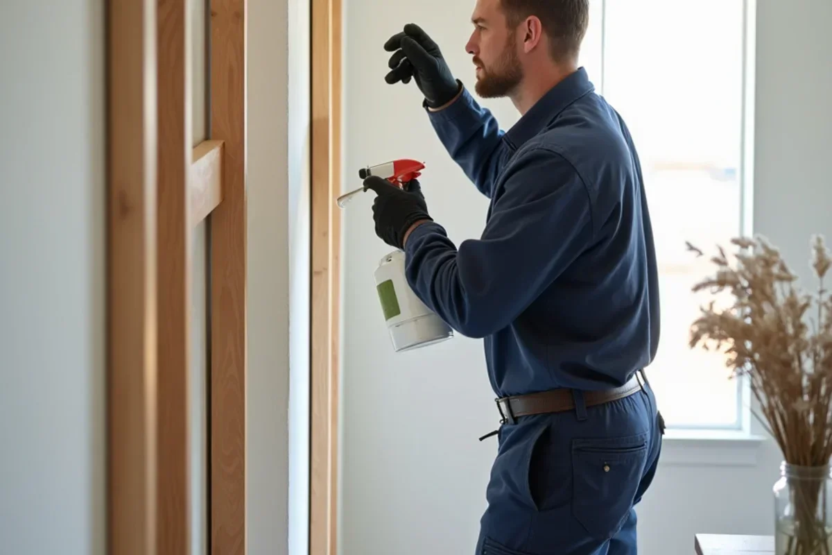 Applying EPA registered botanical antimicrobial spray to cleaned 2x4 wall framing