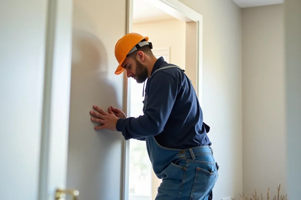 Restoration carpenter installing new drywall and trim during post-water rebuild