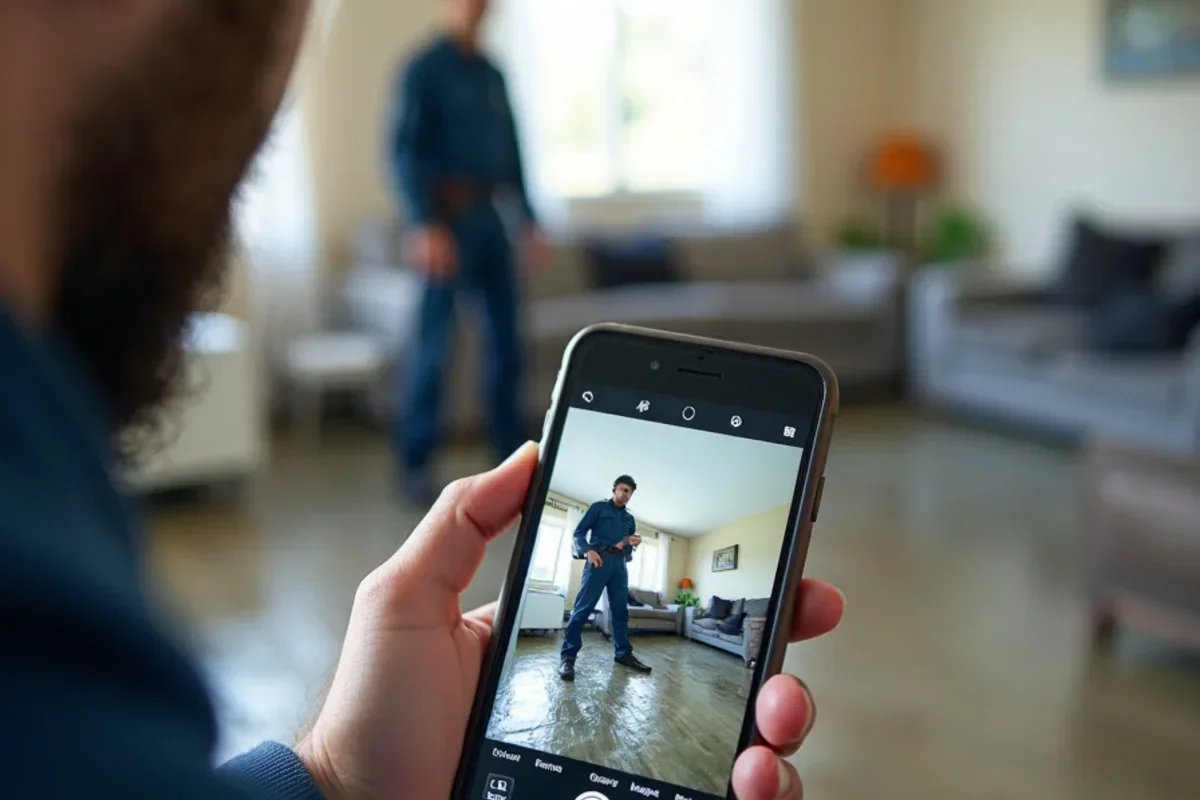 Smartphone taking clear photo of flooded living room floor for insurance documentation