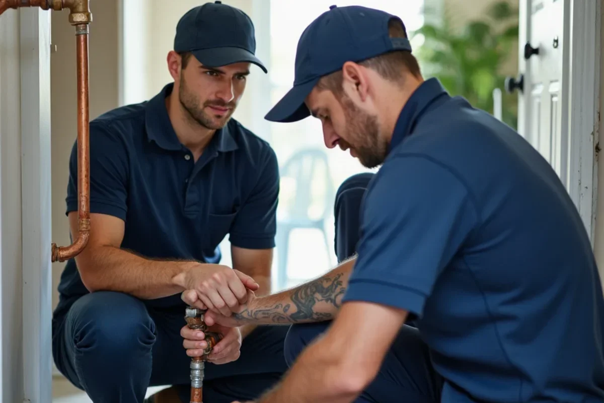 Plumber repairing copper pipe alongside restoration technician setting dehumidifier
