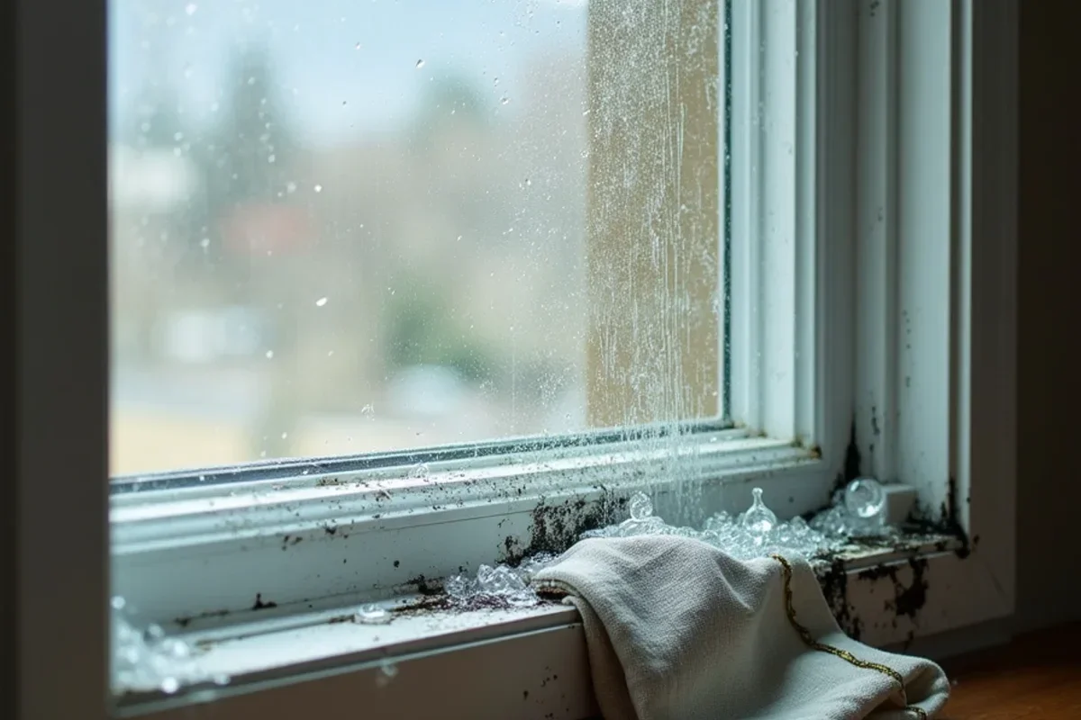 Heavy condensation running down window glass creating black mold growth on wooden sill