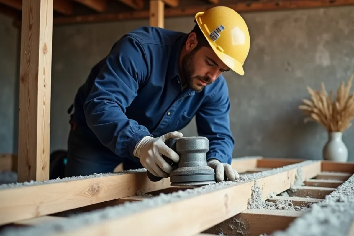 Restoration technician HEPA sanding mold colonies off crawl space support beams
