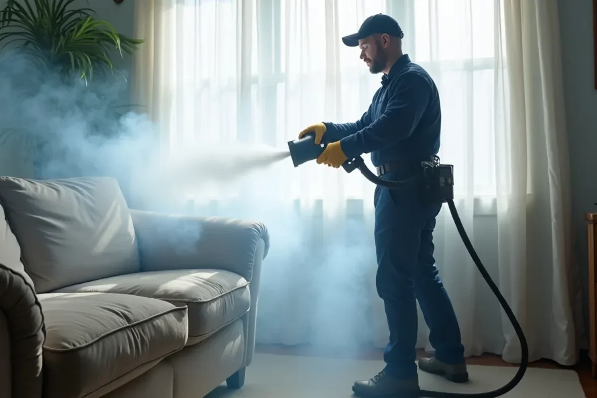 Dense dry fog aerosol cloud floating through living room penetrating fabric and crevices