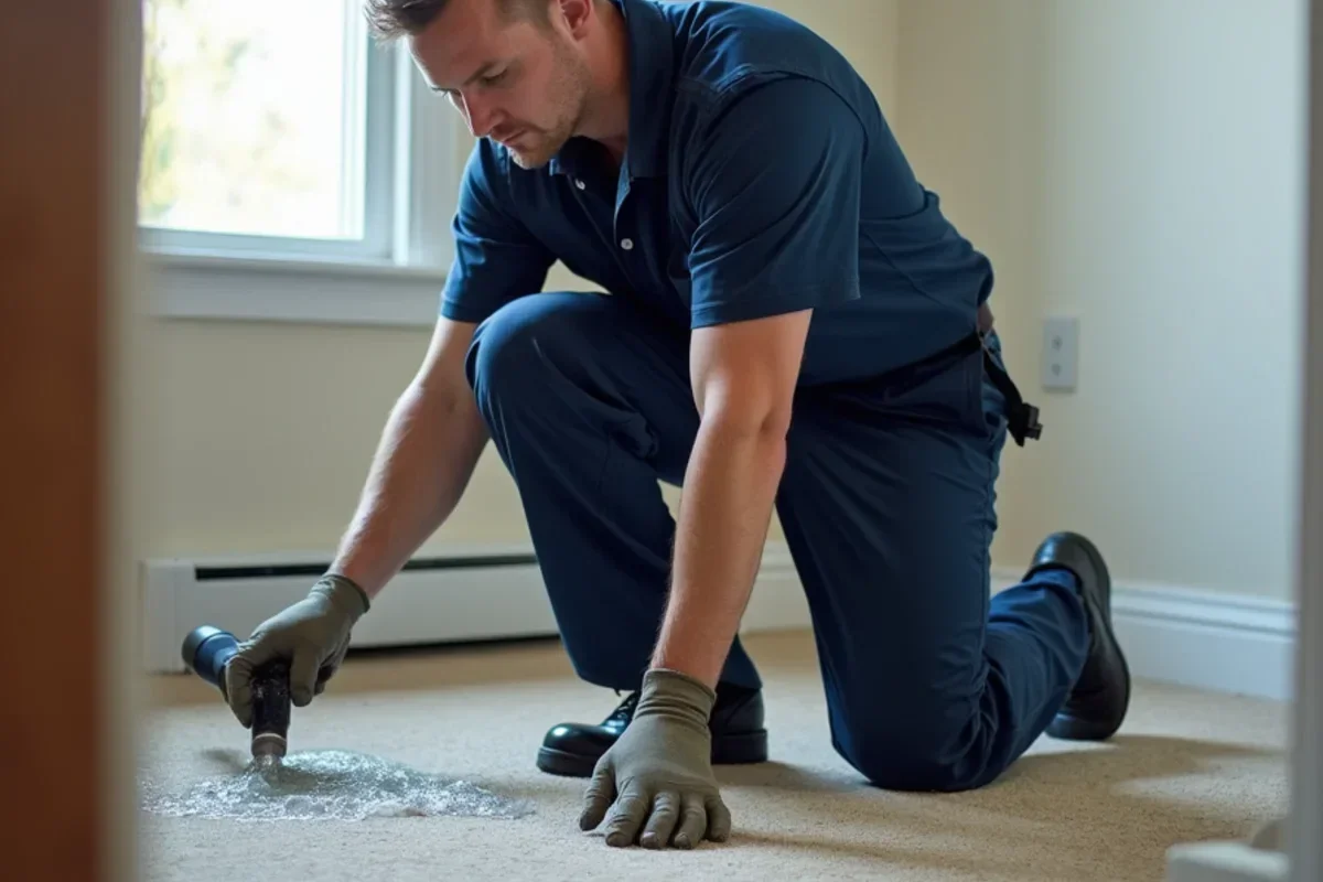 Technician extracting water from flooded carpet after burst supply line in Ogden