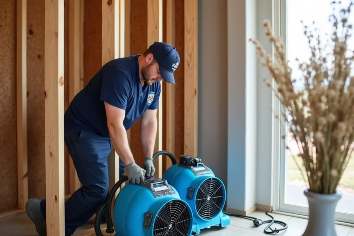 Axial air movers positioned along base of opened wall to dry saturated 2x4 framing studs