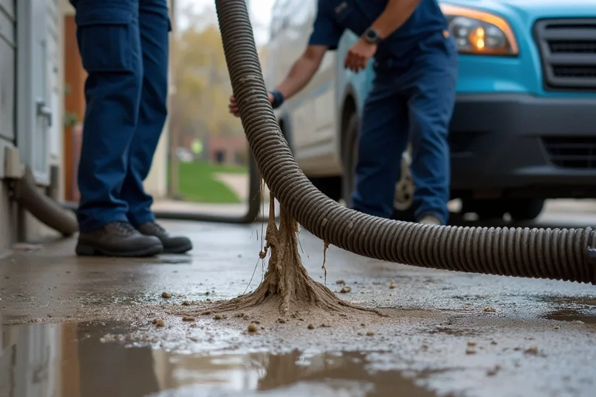 Heavy duty extraction hose removing mud silt and standing floodwater from concrete floor