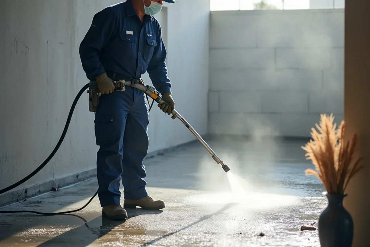 Technician pressure washing and sanitizing basement concrete walls with biocidal wash