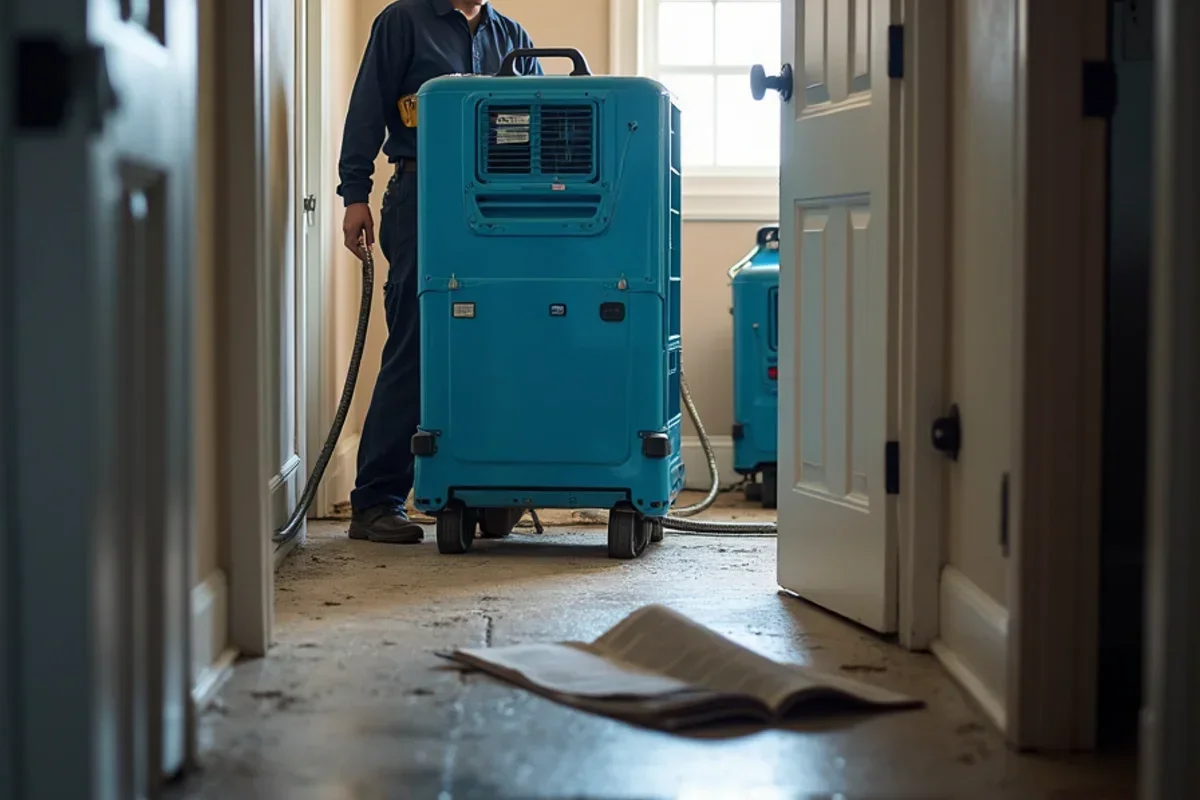 Commercial desiccant dehumidifier and air scrubbers running inside flooded home after cleanup