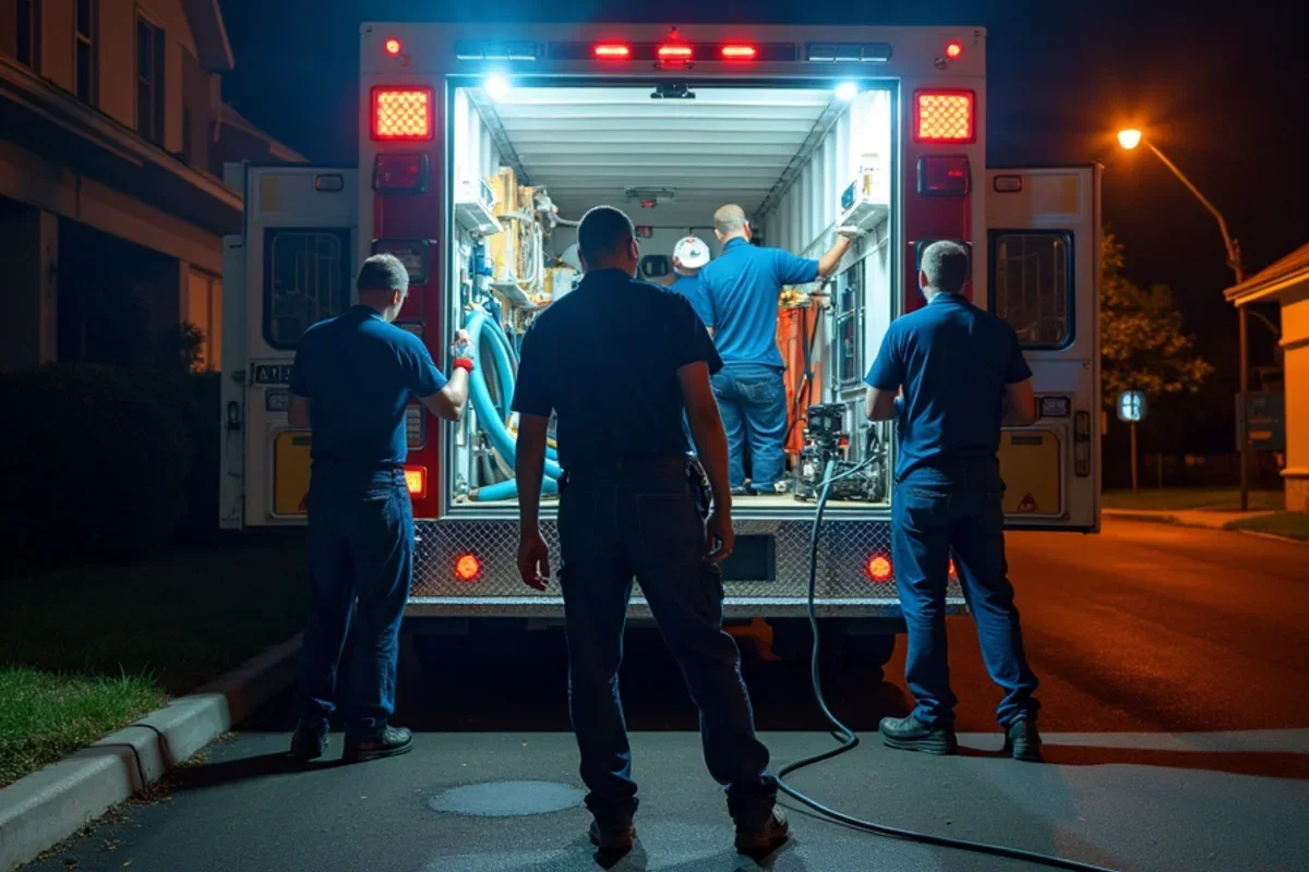 Emergency water mitigation crew unloading extraction equipment and hoses after hours