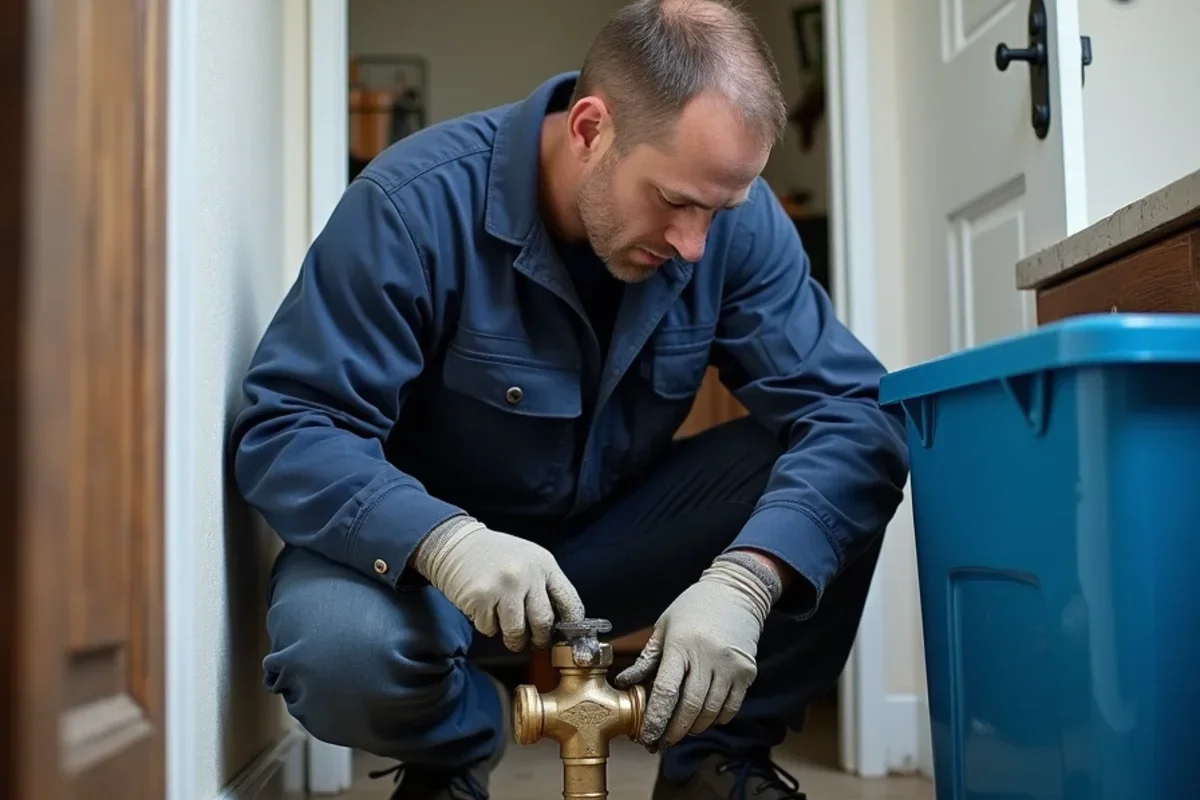 Technician securing broken water supply line valve in utility room to stop flooding