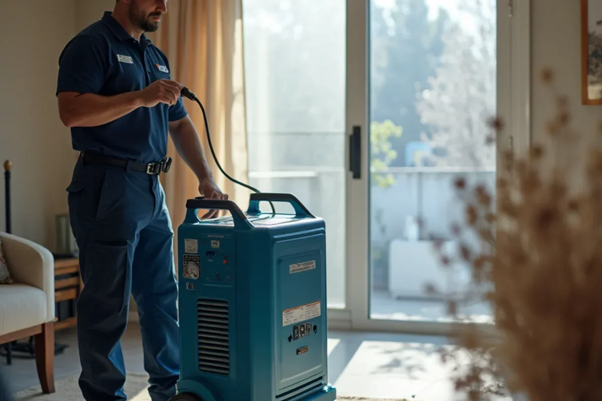 Commercial hydroxyl generator operating inside fire damaged living room removing smoke odors