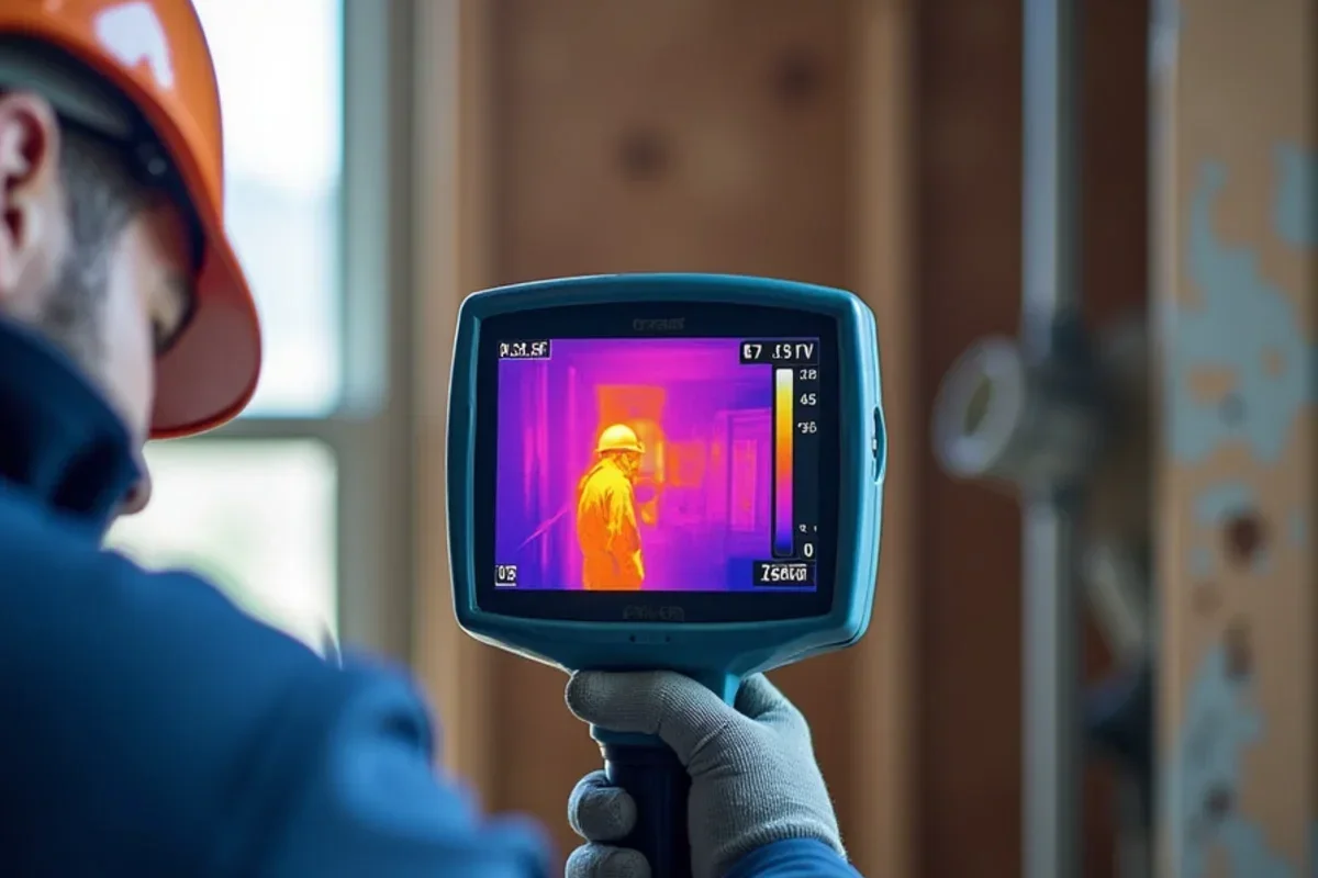 FLIR thermal imaging camera detecting hidden moisture behind drywall and wall studs after a pipe burst