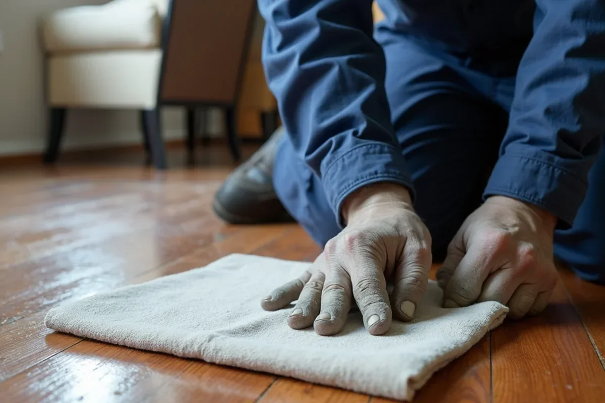 Specialized floor drying mats extracting moisture from historic oak hardwood flooring without demolition