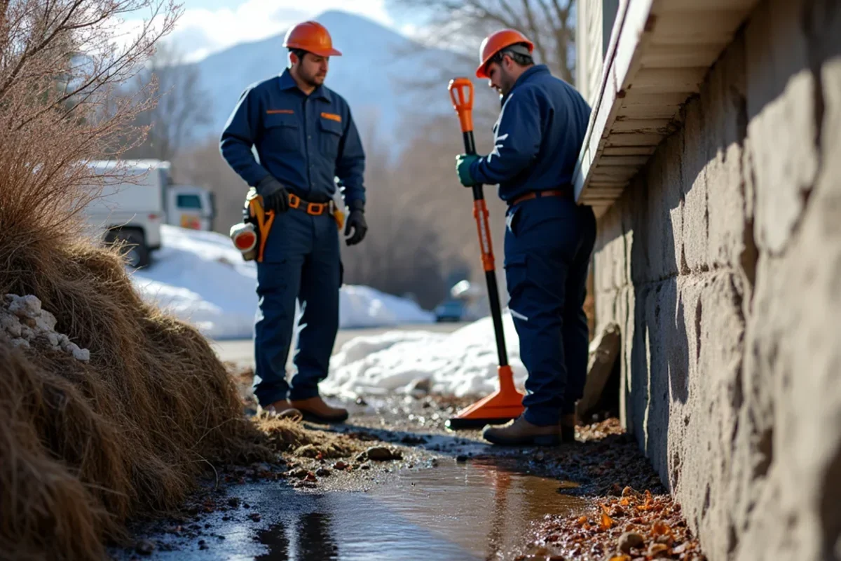 Restoration crew mitigating spring snowmelt runoff flooding in an Ogden foothill residence beneath Ben Lomond Peak