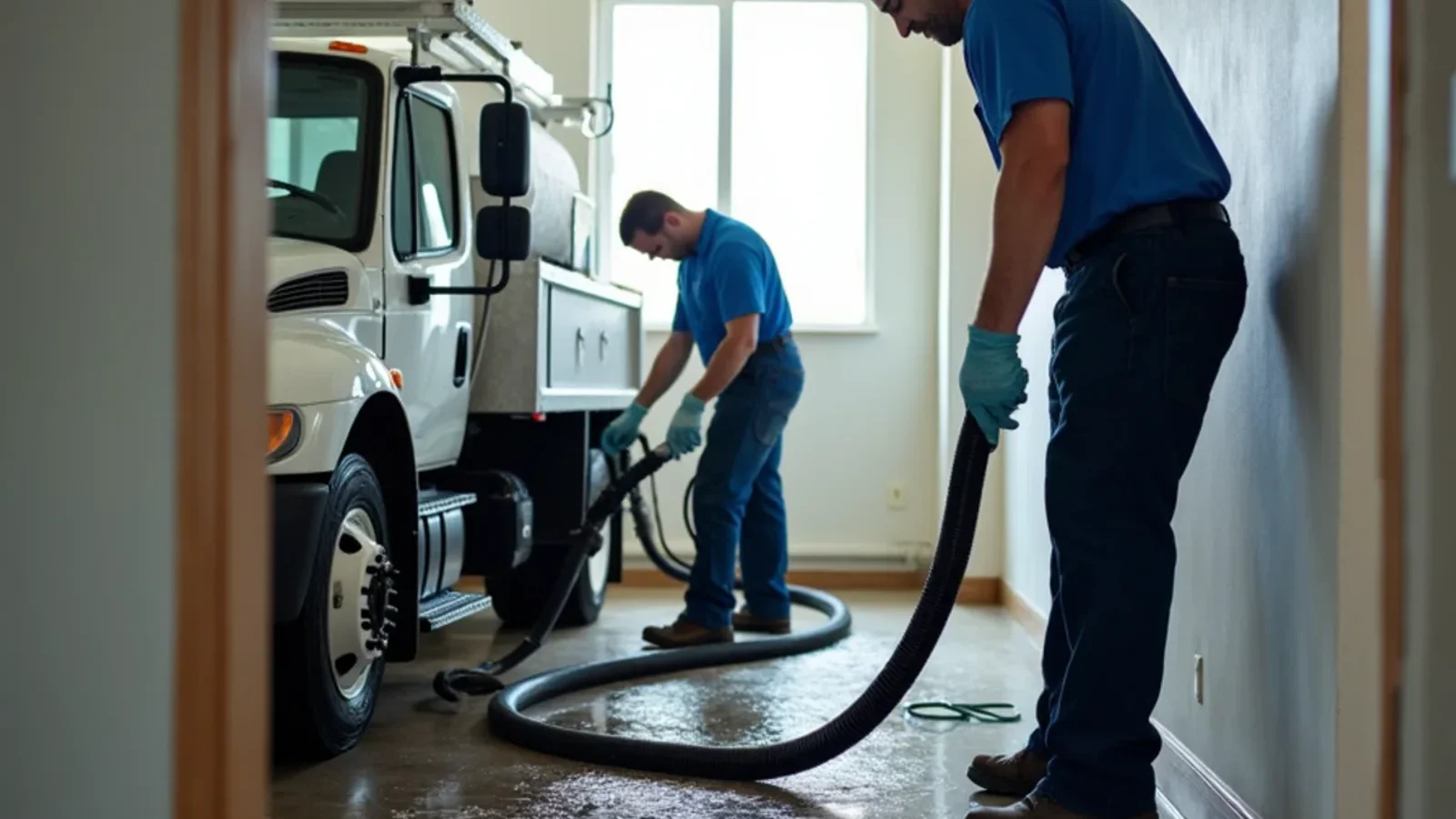 Ogden water damage restoration technicians extracting water with commercial truck mounted equipment in an Ogden UT home