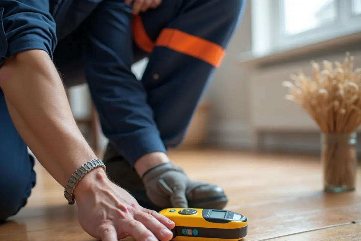 Non-invasive pinless moisture meter scanning hardwood floor for subfloor water migration