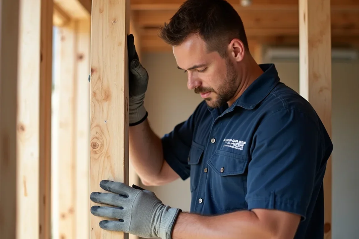 Structural carpenter sistering new 2x4 framing lumber alongside treated wood stud