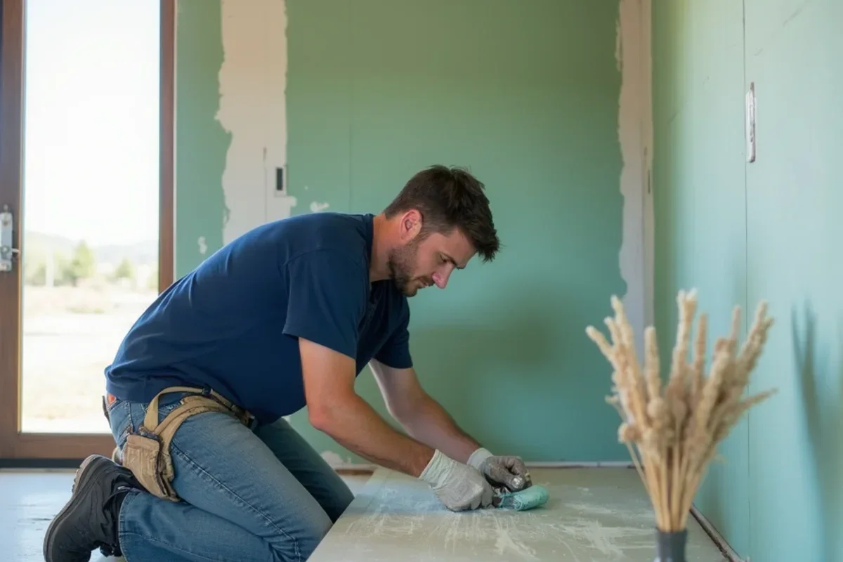 Drywall installer applying joint compound and tape across new mold-resistant green board