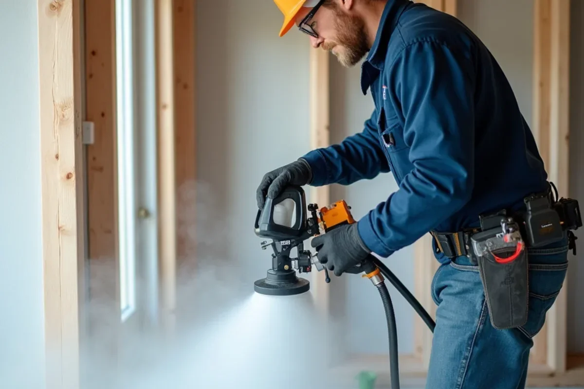 Airless paint sprayer applying thick elastomeric antimicrobial coating to basement framing