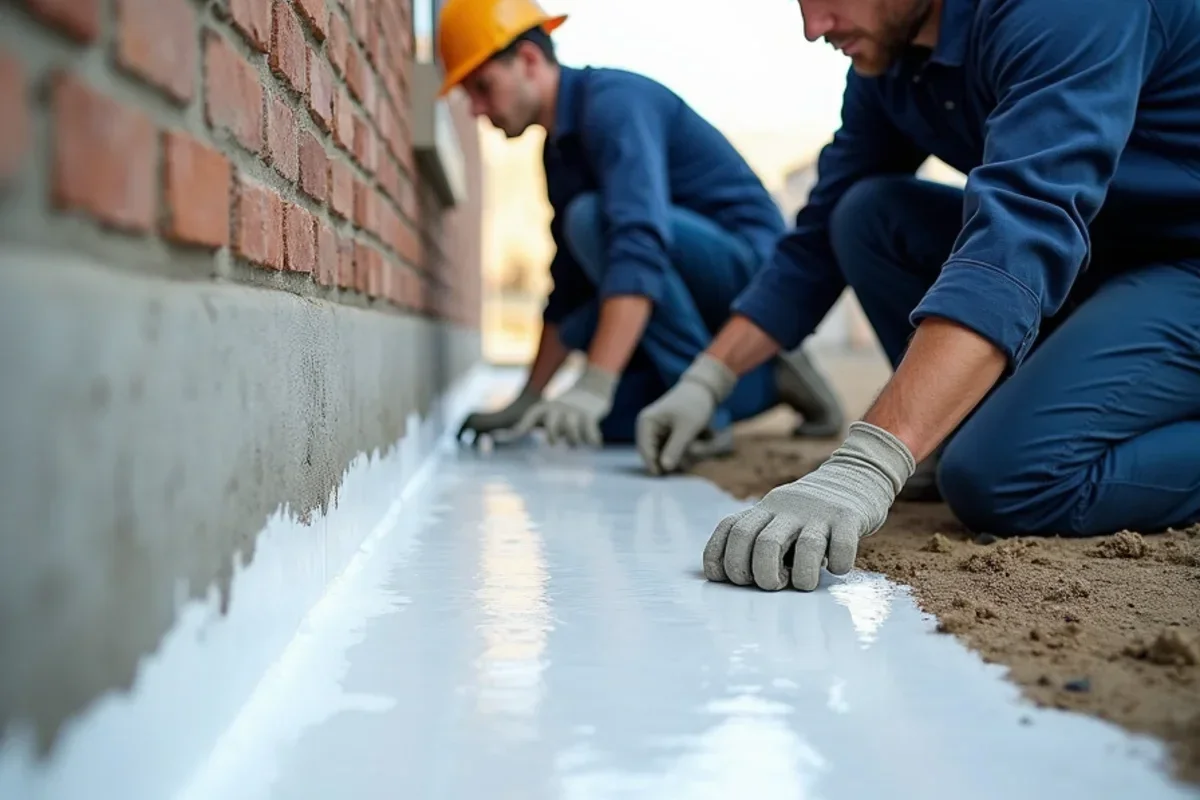 Foundation concrete stem walls coated with bright white waterproof antimicrobial sealant