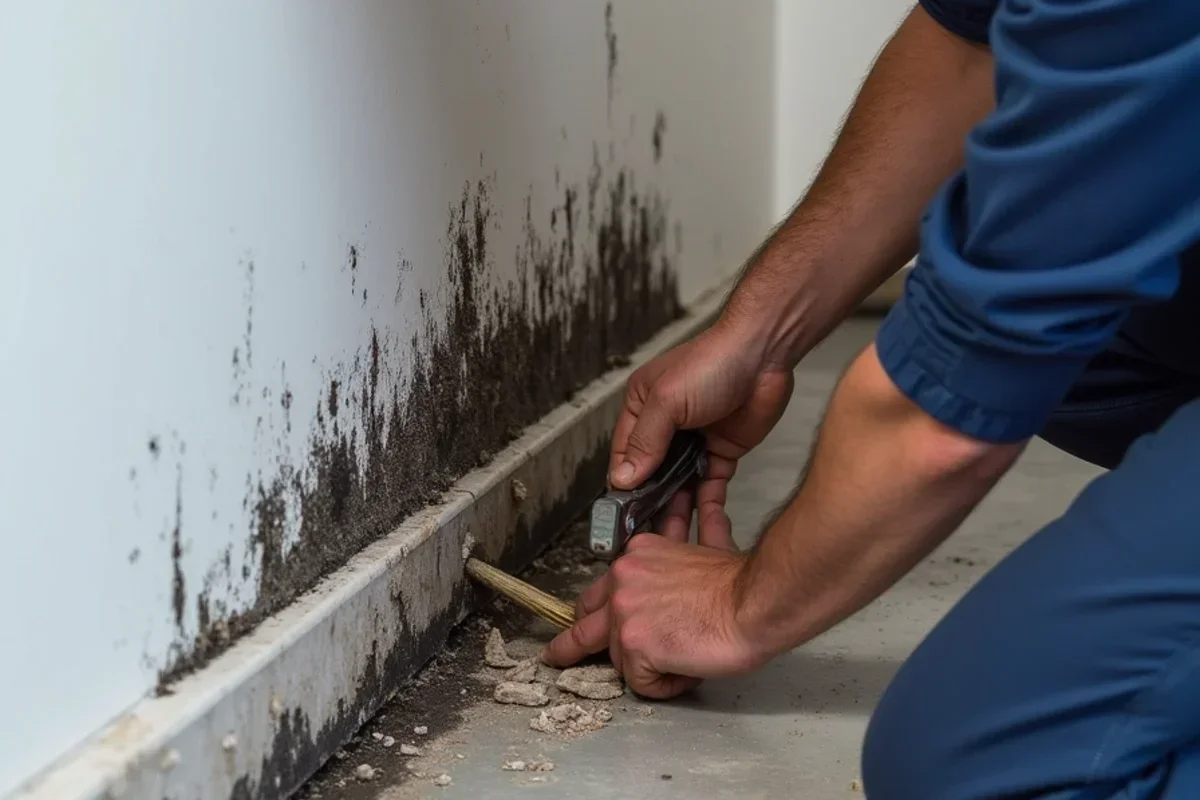 Prying off basement baseboard revealing thick black fungal growth on drywall backing