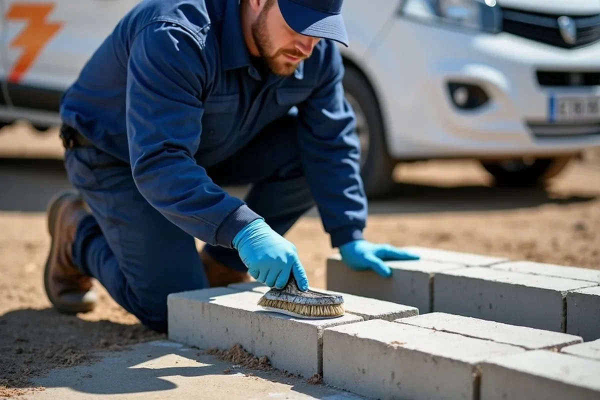Technician wire brushing and scrubbing foundation cinder blocks with antimicrobial solution