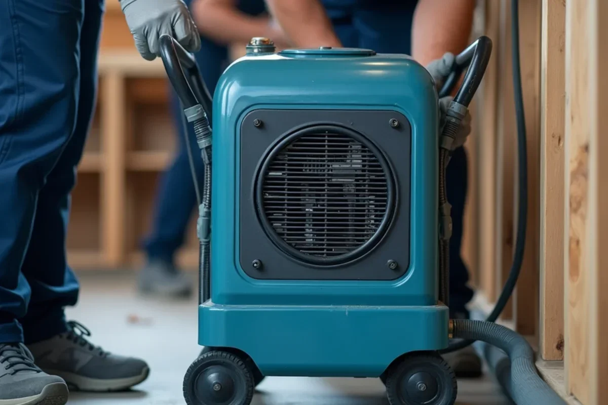 Commercial high-capacity basement dehumidifier operating on concrete floor