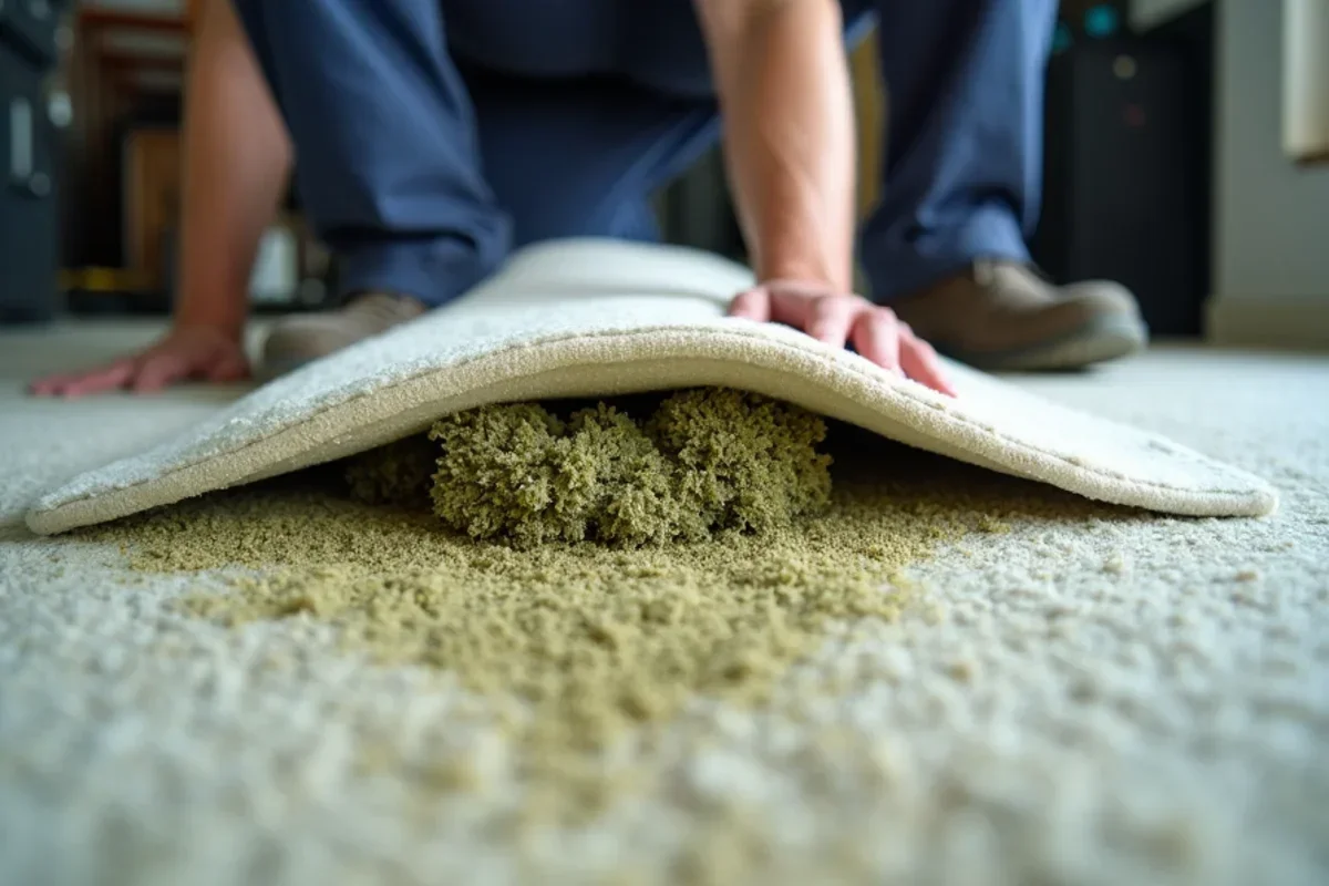 Lifting soaked carpet revealing fuzzy green mold growing on damp carpet padding