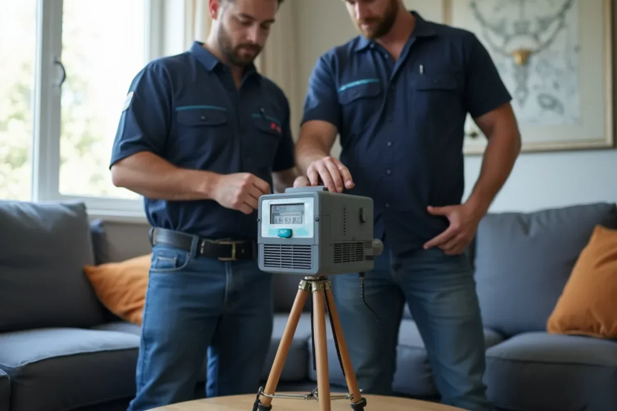 Air-O-Cell cassette testing indoor spore counts on calibrated tripod pump in living room