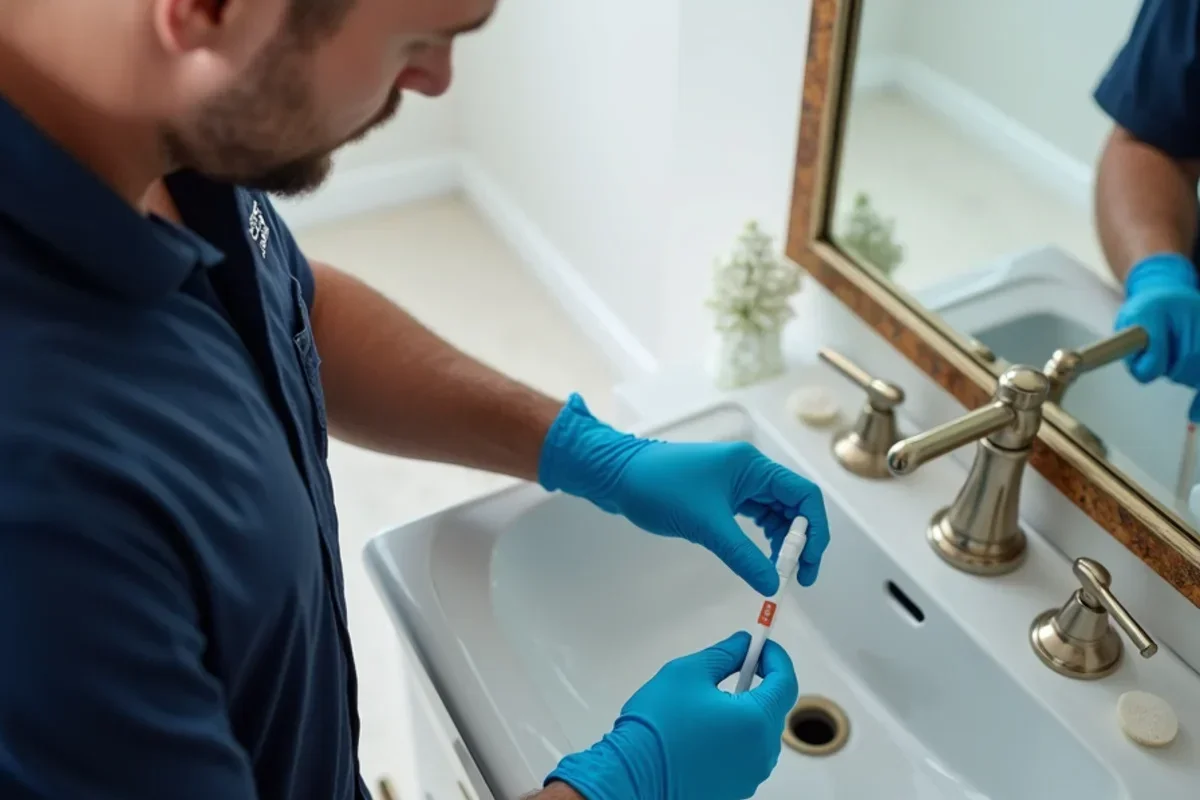 Inspector collecting sterile swab sample from suspicious discoloration behind bathroom vanity
