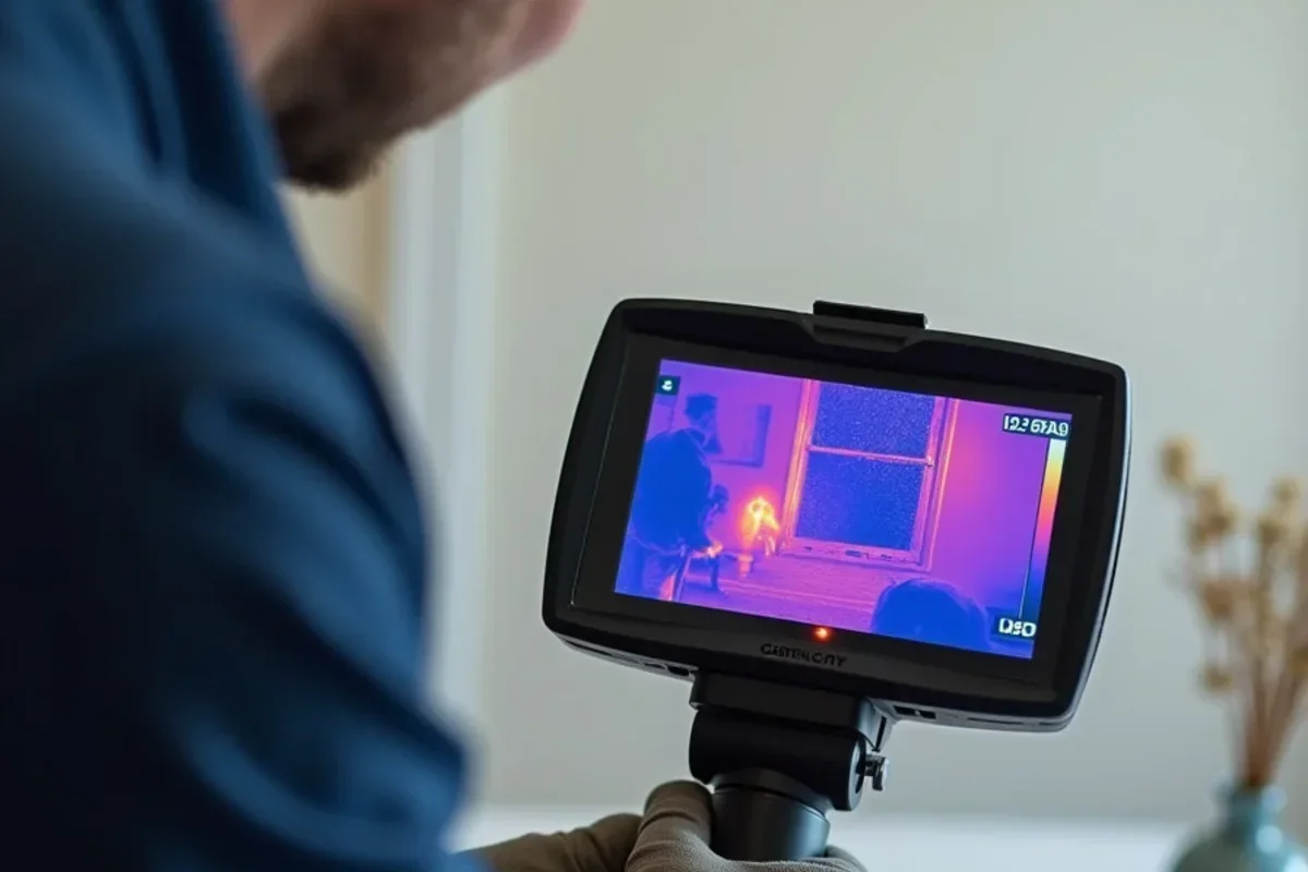 Thermal imaging camera screen displaying cold blue moisture anomaly behind painted drywall