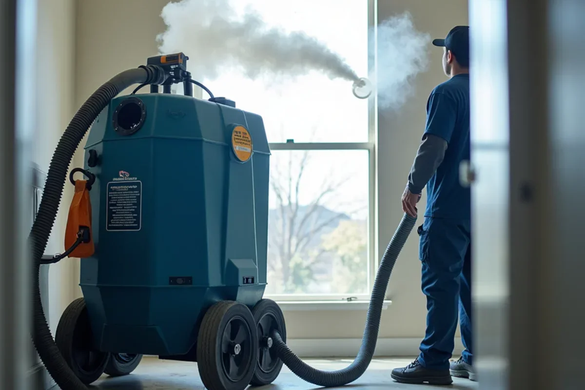 Commercial HEPA air scrubber exhausting filtered clean air through window during remediation