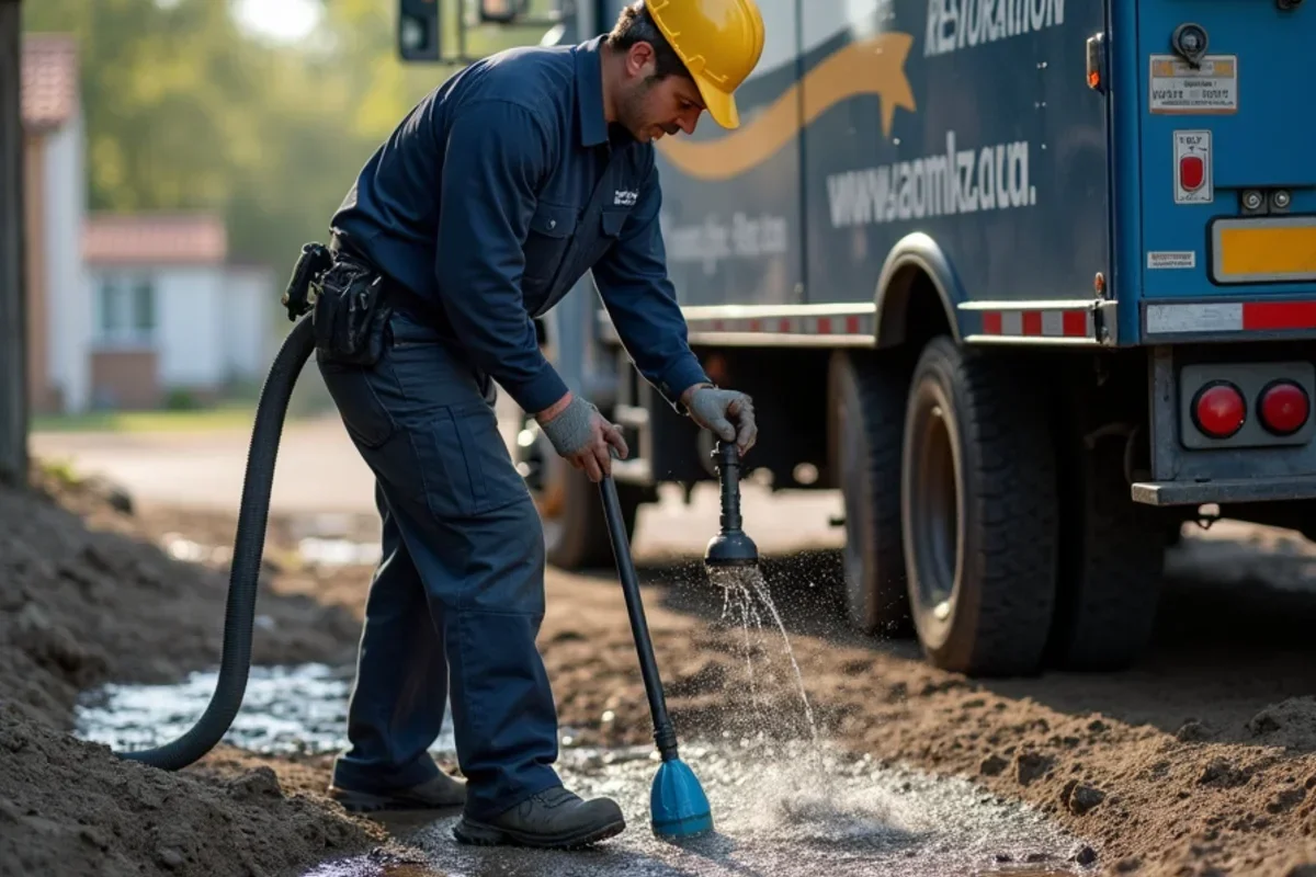 Technician pumping high water table groundwater seepage out of a Farr West basement