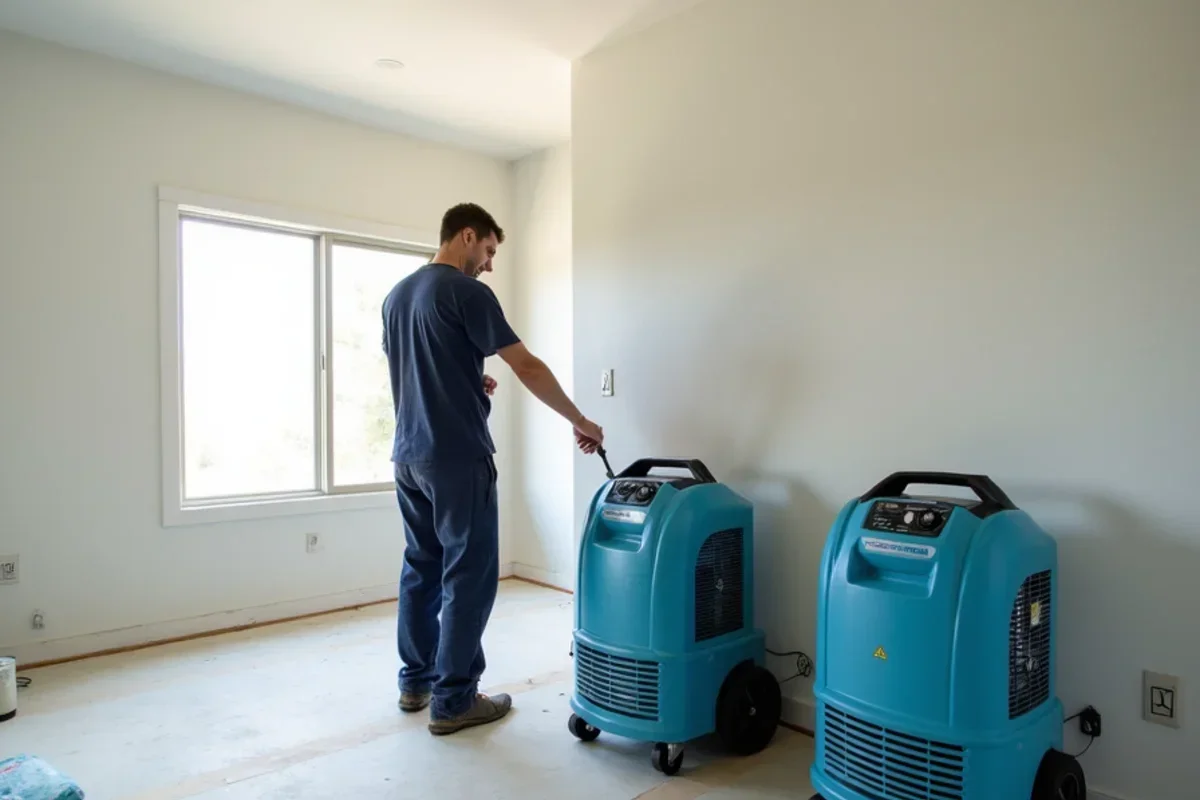 Commercial LGR dehumidifiers drying finished drywall in Harrisville residence