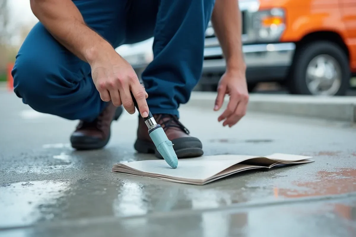Applying antimicrobial disinfectant across concrete slab following flood cleanup in Layton