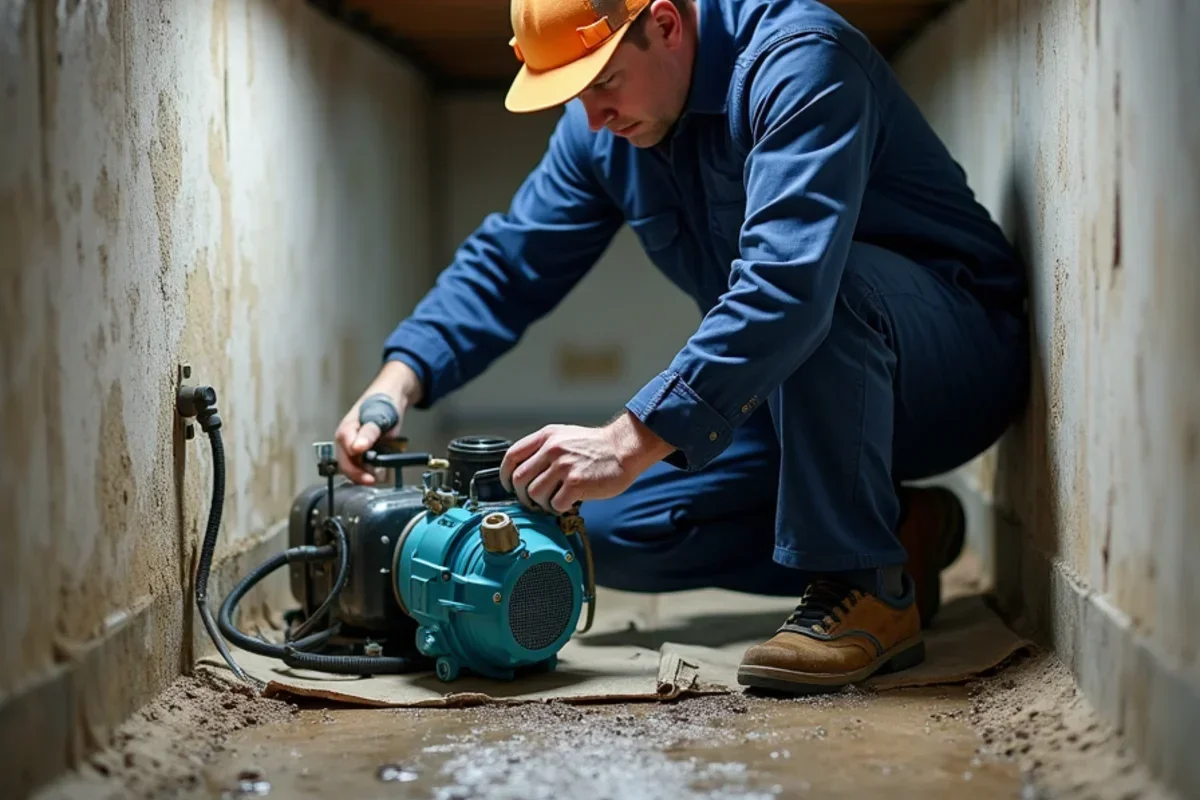 Technician setting sump pump and vapor barrier inside flooded Marriott-Slaterville crawlspace