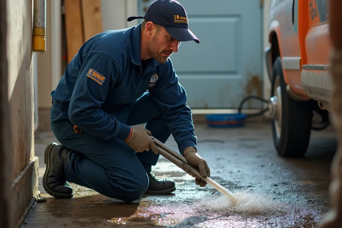 Technician extracting mountain snowpack runoff water from North Ogden basement floor