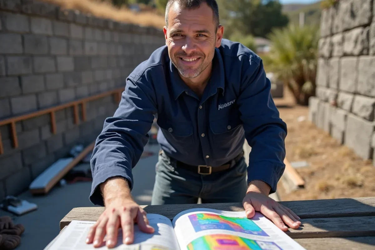 Project manager conducting thermal imaging inspection on foothill foundation wall