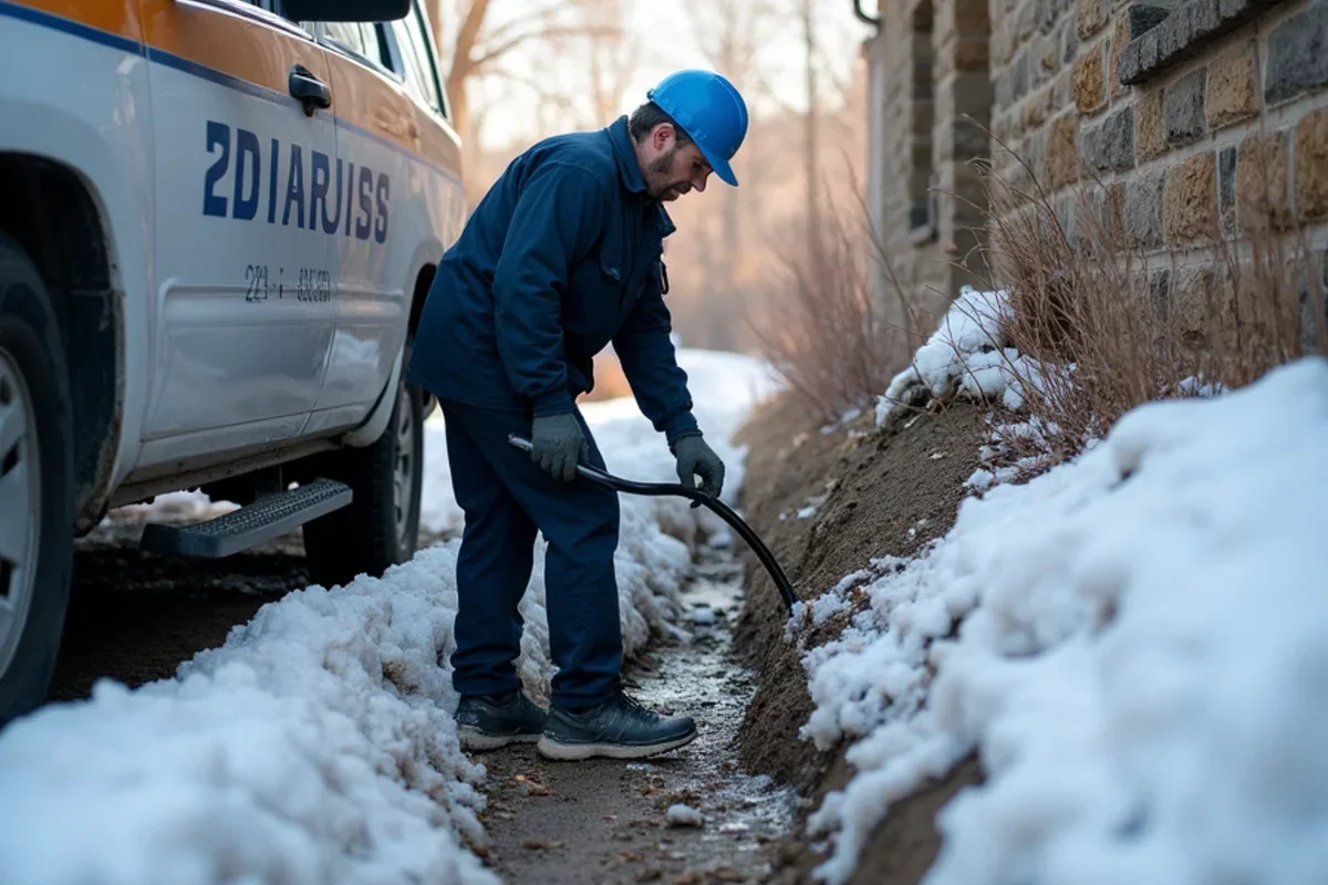 Technician extracting standing snowmelt water from hillside basement in Pleasant View