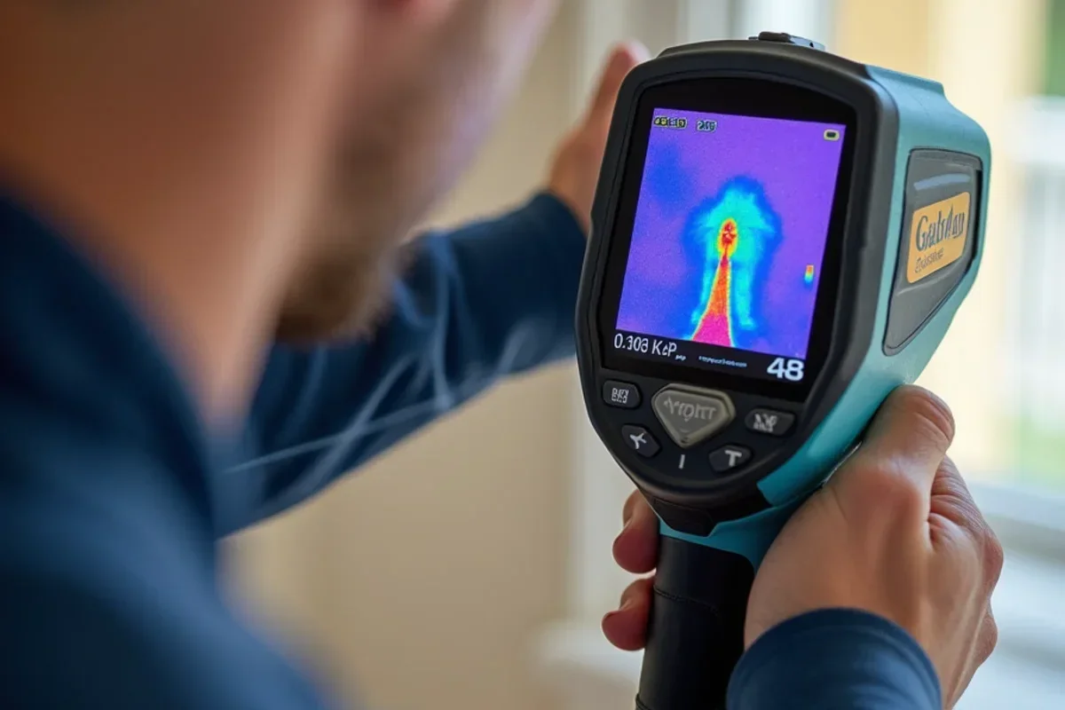 Thermal camera screen displaying moisture saturation path behind finished wall