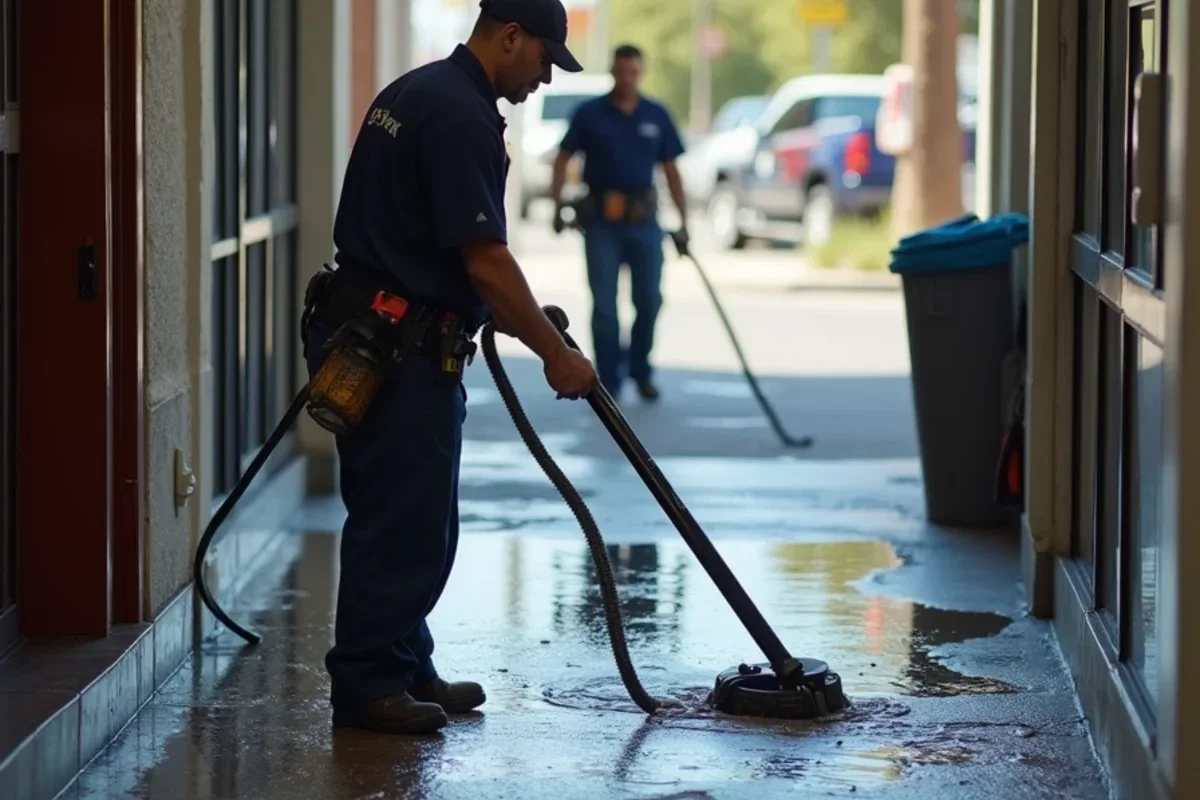 Commercial water extraction wand removing floodwater from commercial retail floor in Riverdale